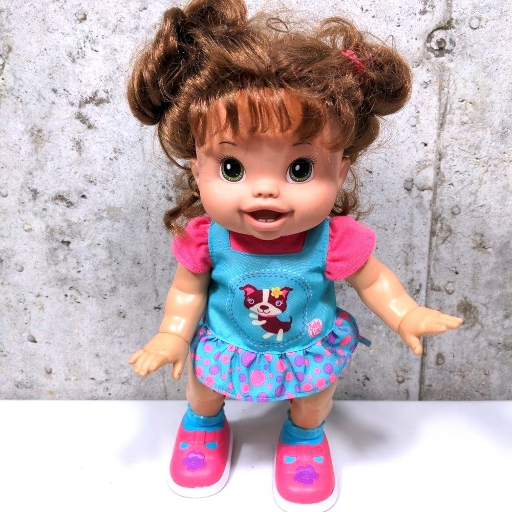 Hasbro Baby Alive Doll Brown Hair Green Eyes Puppy Dress Pink Shoes 12" Works